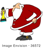 #36572 Clip Art Graphic Of Santa Using A Yellow Flashlight And Looking Down