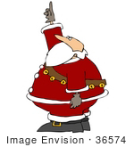 #36574 Clip Art Graphic Of Santa Wearing A Sash Of Jingle Bells Over His Red Suit And Pointing Upwards