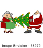 #36575 Clip Art Graphic Of Santa Claus And Mrs Claus Moving A Decorated Christmas Tree