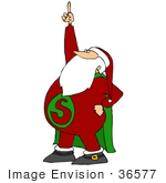 #36577 Clip Art Graphic Of Santa Claus In A Super Hero Costume Pointing Up