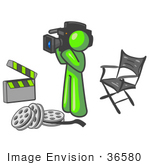 #36580 Clip Art Graphic Of A Lime Green Guy Character Filming A Movie