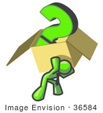 #36584 Clip Art Graphic Of A Lime Green Guy Character Carrying A Box Of Questions
