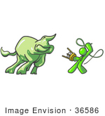 #36586 Clip Art Graphic Of A Lime Green Guy Character Battling A Bull With A Whip