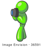 #36591 Clip Art Graphic Of A Lime Green Guy Character Taking Pictures