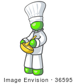 #36595 Clip Art Graphic Of A Lime Green Guy Character Chef Mixing Ingredients In A Bowl