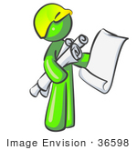 #36598 Clip Art Graphic Of A Lime Green Guy Character Holding Scrolls And Blueprints