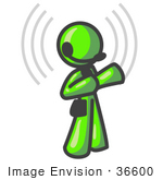 #36600 Clip Art Graphic Of A Lime Green Guy Character Talking On A Headset With Signals