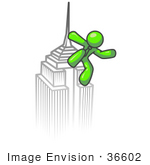 #36602 Clip Art Graphic Of A Lime Green Guy Character On A Skyscraper