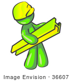 #36607 Clip Art Graphic Of A Lime Green Guy Character Carrying A Beam