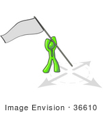 #36610 Clip Art Graphic Of A Lime Green Guy Character Inserting A Flag In The Ground