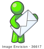 #36617 Clip Art Graphic Of A Lime Green Guy Character Holding An Envelope