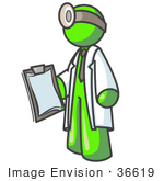 #36619 Clip Art Graphic Of A Lime Green Guy Character Doctor Wearing A Headlamp And Holding A Clipboard