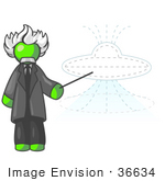 #36634 Clip Art Graphic Of A Lime Green Guy Character As Einstein Pointing To A Ufo