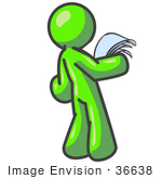 #36638 Clip Art Graphic Of A Lime Green Guy Character Reading A Letter