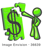 #36639 Clip Art Graphic Of A Lime Green Guy Character Assembling A Financial Puzzle