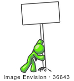 #36643 Clip Art Graphic Of A Lime Green Guy Character Inserting A Blank Sign In The Ground