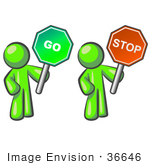 #36646 Clip Art Graphic Of A Lime Green Guy Character Holding Go And Stop Signs