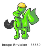 #36669 Clip Art Graphic Of A Lime Green Guy Character Jockey On A Horse