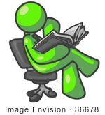 #36678 Clip Art Graphic Of A Lime Green Guy Character Reading In A Chair