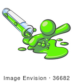 #36682 Clip Art Graphic Of A Lime Green Guy Character Spilling From A Test Tube