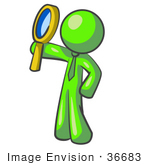 #36683 Clip Art Graphic Of A Lime Green Guy Character Looking Up Through A Magnifying Glass