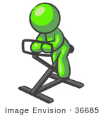 #36685 Clip Art Graphic Of A Lime Green Guy Character Exercising On A Stationary Bicycle