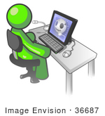 #36687 Clip Art Graphic Of A Lime Green Guy Character Using A Computer