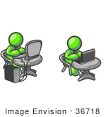 #36718 Clip Art Graphic Of Lime Green Guy Characters Using Computers