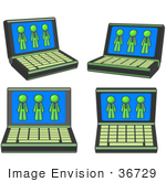 #36729 Clip Art Graphic Of Lime Green Guy Characters On Laptop Computer Screens
