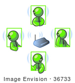 #36733 Clip Art Graphic Of Lime Green Guy Characters Having A Meeting With Bluetooth Headsets