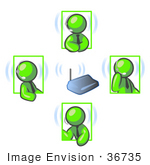#36735 Clip Art Graphic Of Lime Green Guy Characters On Headsets Having A Meeting