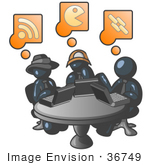 #36749 Clip Art Graphic Of Dark Blue Guy Characters Working On Laptops In A Cafe