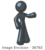 #36763 Clip Art Graphic Of A Dark Blue Lady Character Pointing