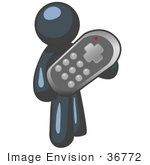 #36772 Clip Art Graphic Of A Dark Blue Guy Character Holding A Remote Control
