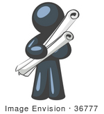 #36777 Clip Art Graphic Of A Dark Blue Guy Character Holding Scrolls