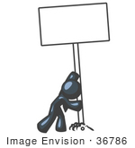 #36786 Clip Art Graphic Of A Dark Blue Guy Character Putting A Blank Sign In The Ground