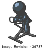 #36787 Clip Art Graphic Of A Dark Blue Guy Character Exercising On A Stationary Bike