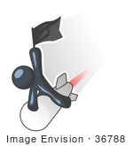 #36788 Clip Art Graphic Of A Dark Blue Guy Character Flying On A Rocket