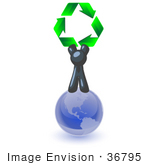 #36795 Clip Art Graphic Of A Dark Blue Guy Character Holding Recycle Arrows On A Globe