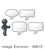 #36815 Clip Art Graphic Of A Dark Blue Guy Character With Text Balloons