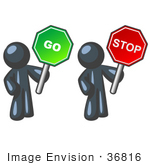 #36816 Clip Art Graphic Of A Dark Blue Guy Character Holding A Go And Stop Sign