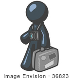 #36823 Clip Art Graphic Of A Dark Blue Guy Character Tourist With A Camera And Luggage