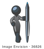 #36826 Clip Art Graphic Of A Dark Blue Lady Character With A Pen