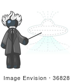 #36828 Clip Art Graphic Of A Dark Blue Guy Character As Albert Einstein Pointing To A Ufo