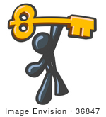 #36847 Clip Art Graphic Of A Dark Blue Guy Character Holding Up A Skeleton Key