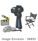 #36853 Clip Art Graphic Of A Dark Blue Guy Character Filming A Movie