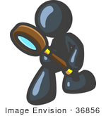 #36856 Clip Art Graphic Of A Dark Blue Guy Character Kneeling With A Magnifying Glass