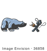 #36858 Clip Art Graphic Of A Dark Blue Guy Character Taming A Bear With A Whip