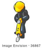 #36867 Clip Art Graphic Of A Dark Blue Guy Character Operating A Jackhammer