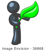 #36868 Clip Art Graphic Of A Dark Blue Guy Character Holding A Green Leaf